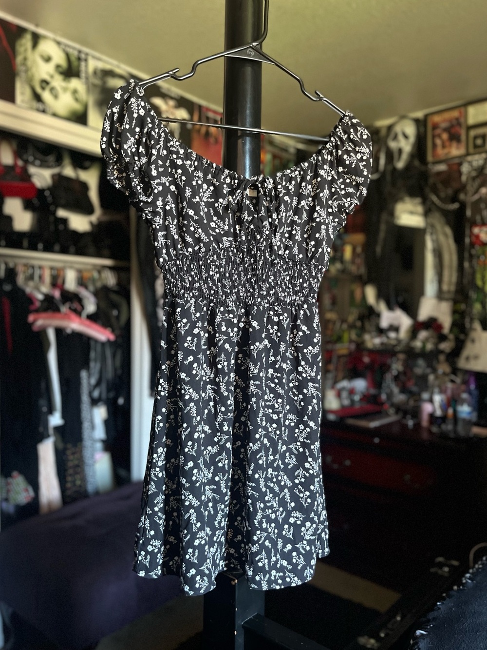 Love Tree Black and White Floral Off-Shoulder Dress